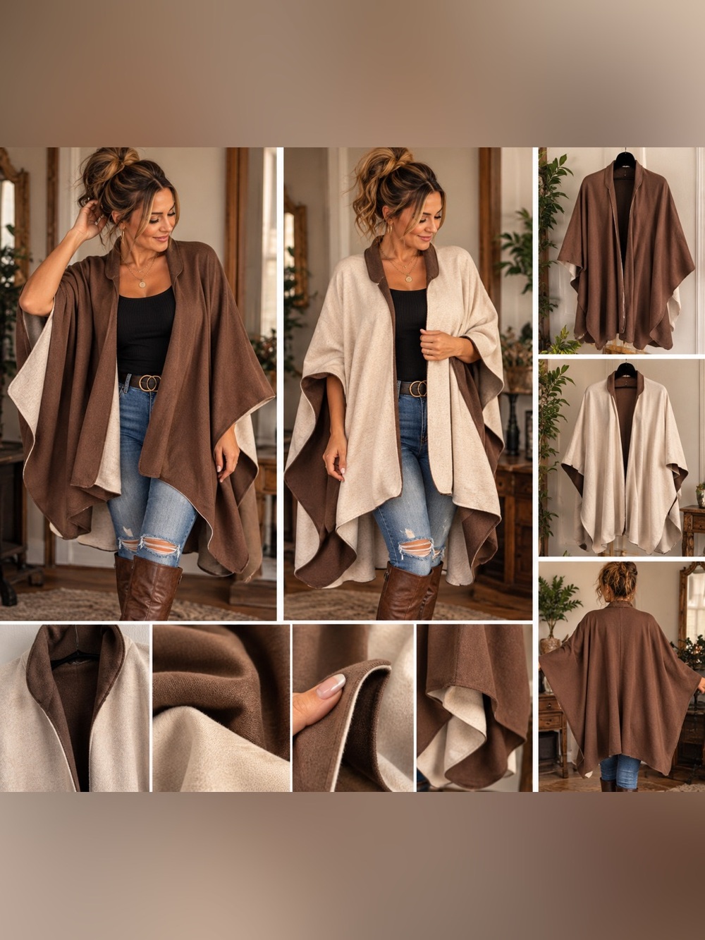 Reversible Brown & Cream Oversized Cape Poncho Wrap XL Cozy Fall Layer